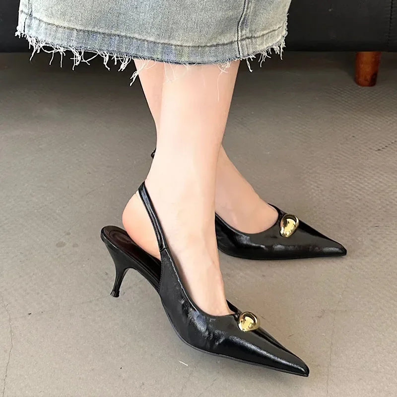 Metal Buckle Design Brand High Heels Women Sexy Pointed Slingbacks Sandals Female Fashion Banquet Dress Shoes Zapatos De Mujer