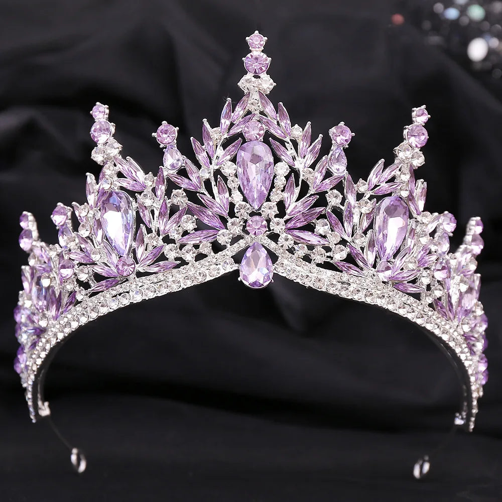 Luxury Purple Crystal Leaves Forest Queen Wedding Crown Bride Tiaras Bridal Diadem Waterdrop Rhinestone Hair Jewelry Accessories - EUFASHIONBAGS