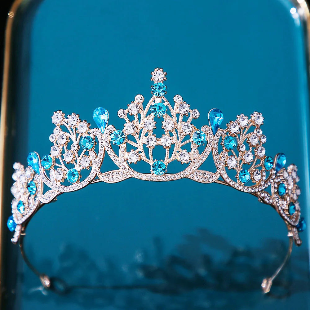 Fashion Princess Queen Girls Sky Blue Pink Crystal Tiaras For Women Party Birthday Crown Hair Dress Accessories Headwear Jewelry - EUFASHIONBAGS