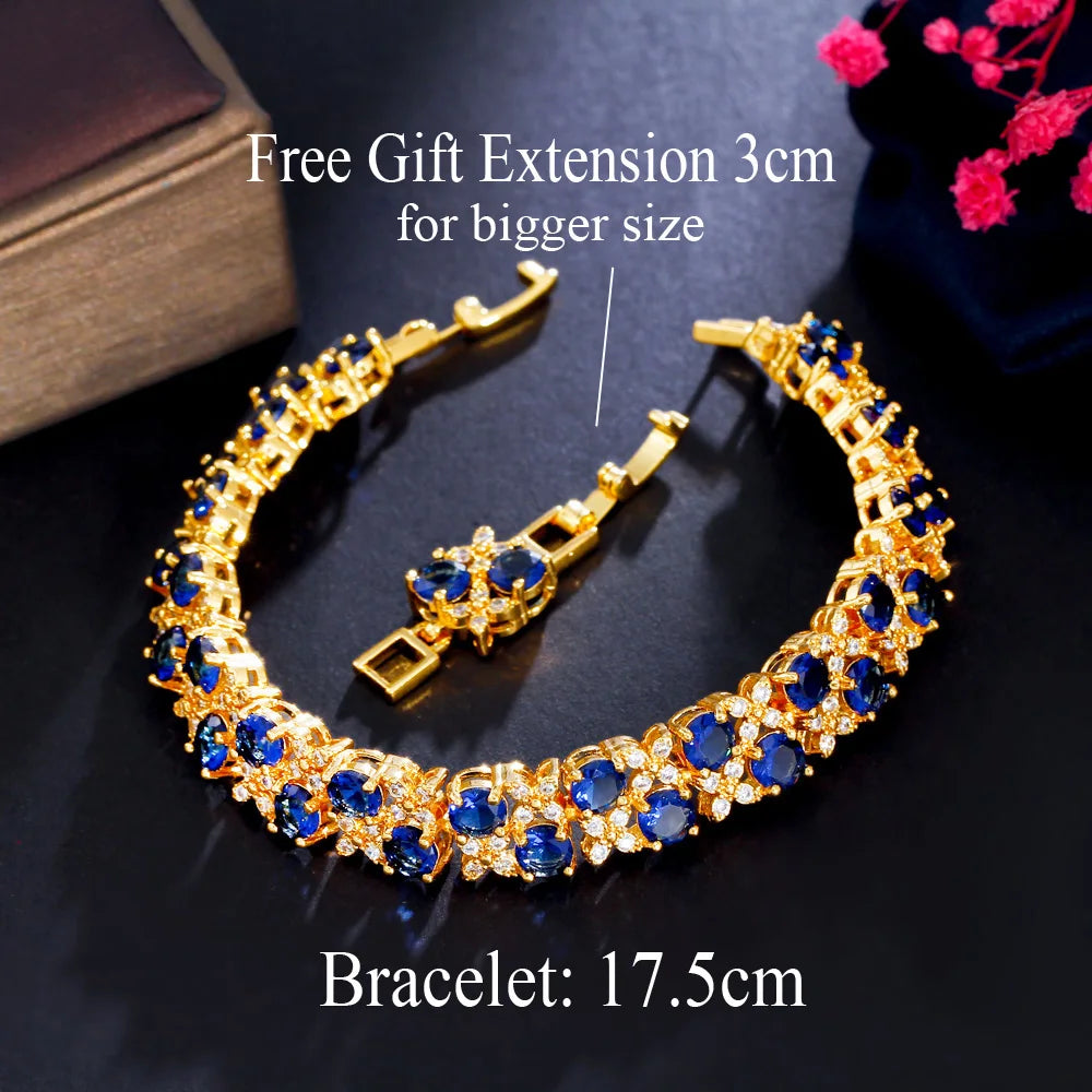 Royal Blue Cubic Zirconia Round Shape Gold Plated Big Luxury Engagement Bridal Wedding Bracelet for Women