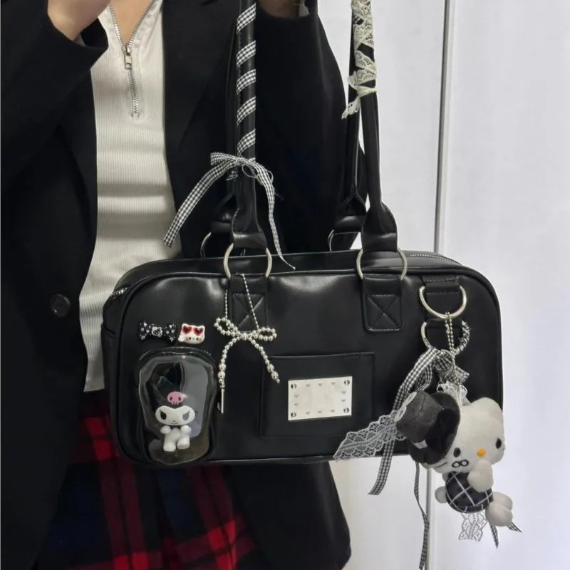 Black Ita Bag Handbag Women Uniform Japanese Transparent Shoulder Bags Preppy Style Kawaii Underarm Bag - EUFASHIONBAGS