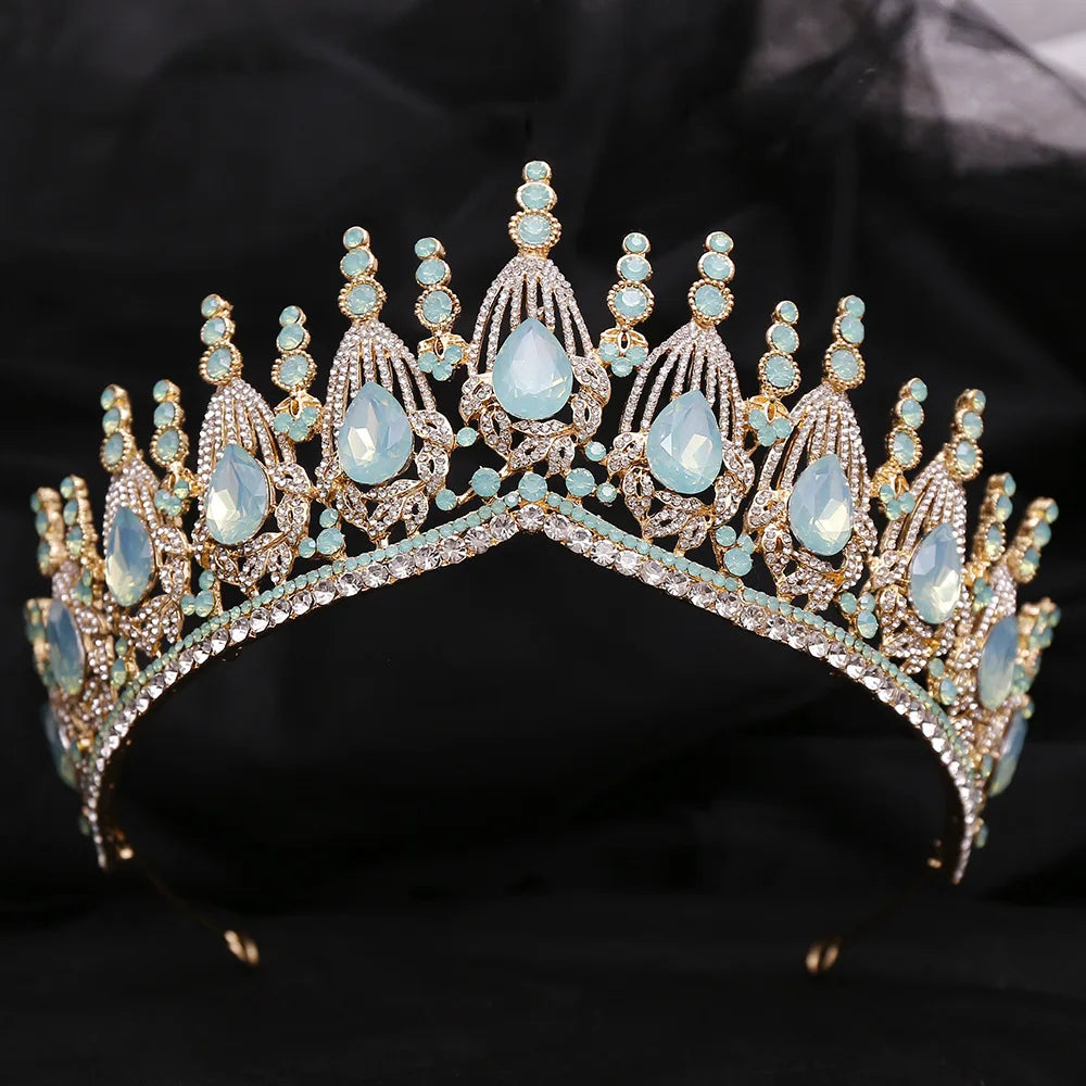 New Luxury Gold Color Green Opal Crystal Flower Water Drop Tiaras Crown Women Wedding Party Diadem Bridal Crown Hair Accessories - EUFASHIONBAGS