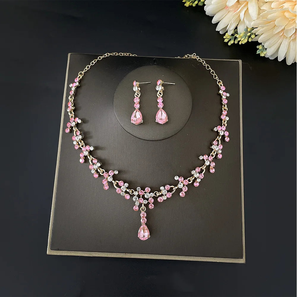 Gold Color Pink Crystal Bridal Jewelry Sets for Women Fashion Tiaras Earrings Necklace Crown Wedding Dubai Jewelry Set - EUFASHIONBAGS