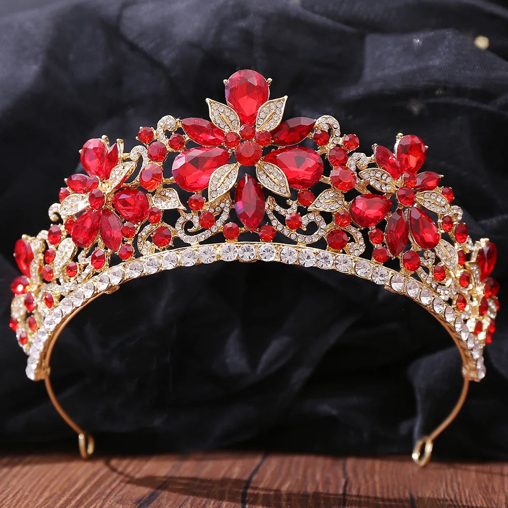 Baroque Gold Color Red Crystal Bridal Tiaras Crowns Rhinestone Pageant Diadem Women Headpieces Wedding Hair Accessories Jewelry