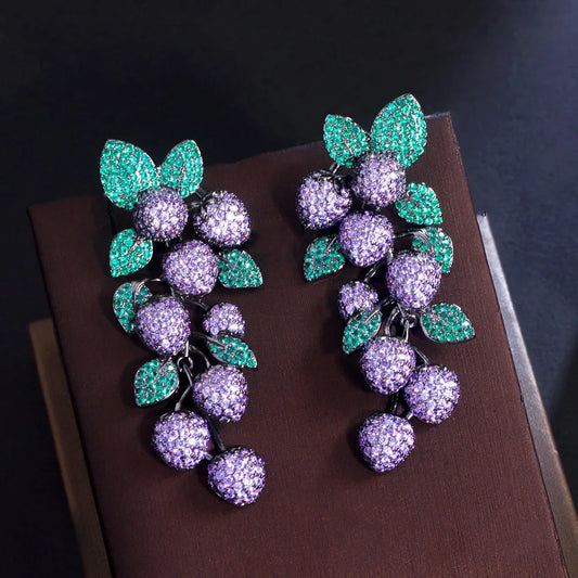 Luxury Micro Pave Purple Green Cubic Zirconia Stone Big Long Dangle Drop Leaf Wedding Party Earrings for Women - EUFASHIONBAGS