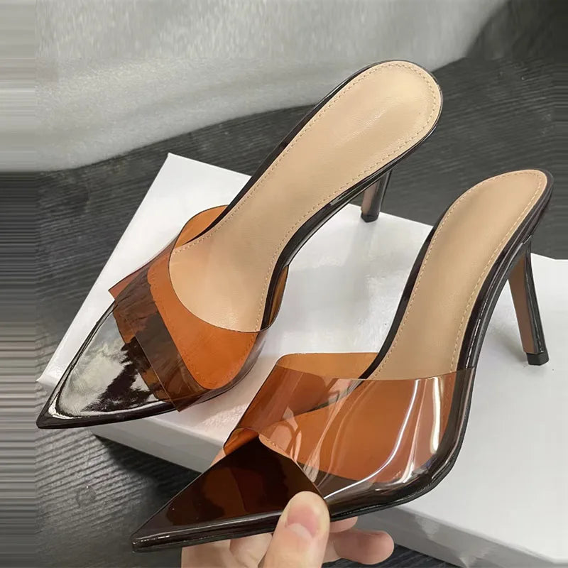 Candy Color Jelly PVC Transparent Slipper For Women Street Sexy Pointed Open Toe Thin High Heels Mules Slides Shoes Sandal - EUFASHIONBAGS