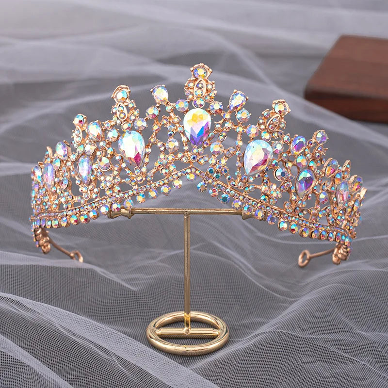 Luxury Silver Color AB Crystal Bridal Tiaras Baroque Crown Headband Bride Party Rhinestone Diadem Wedding Hair Jewelry Ornaments - EUFASHIONBAGS