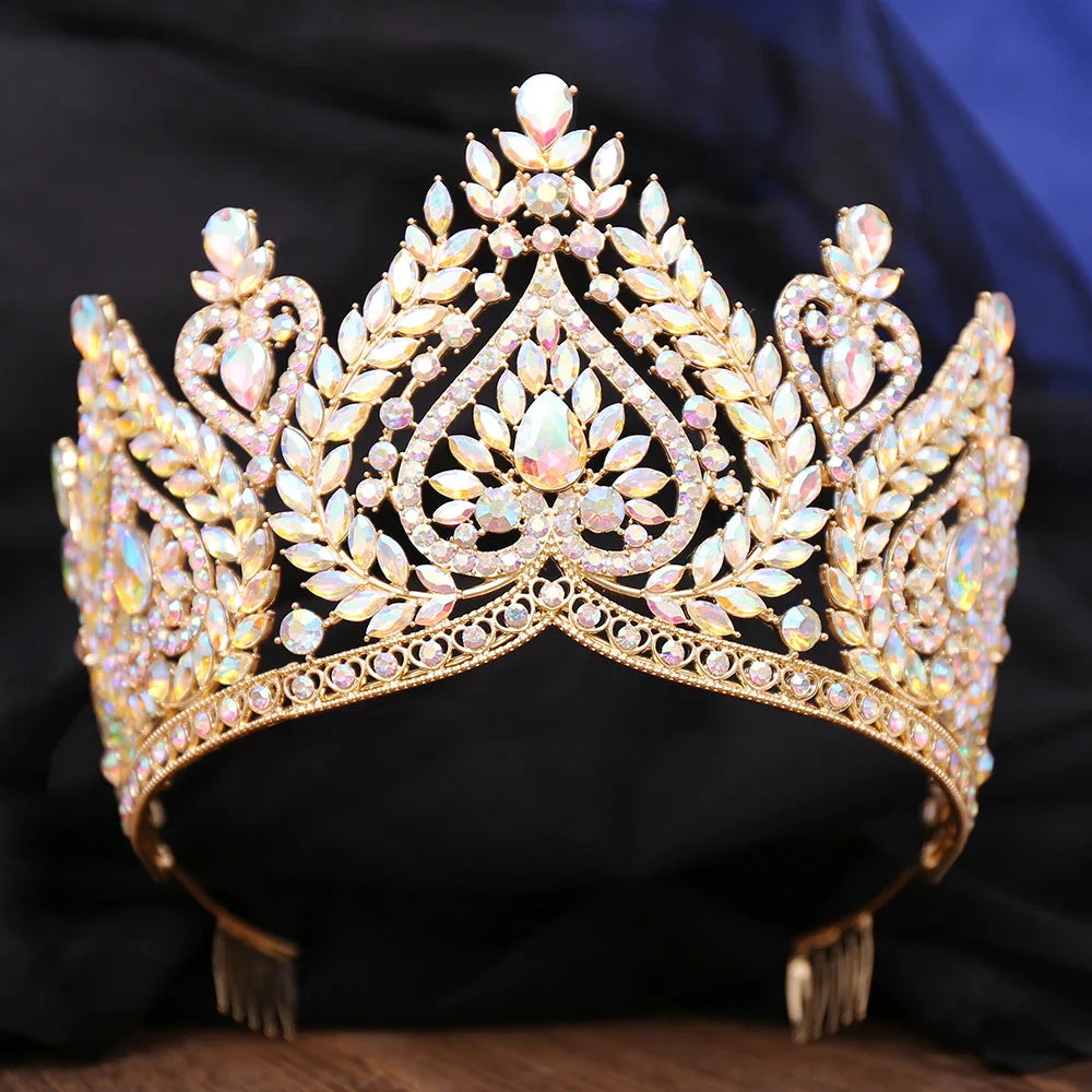 AB Color Crystal Tiaras for Brides Diadem Princess Crown Combs Headwear Wedding Dress Hair Jewelry Pageant Headdress - EUFASHIONBAGS