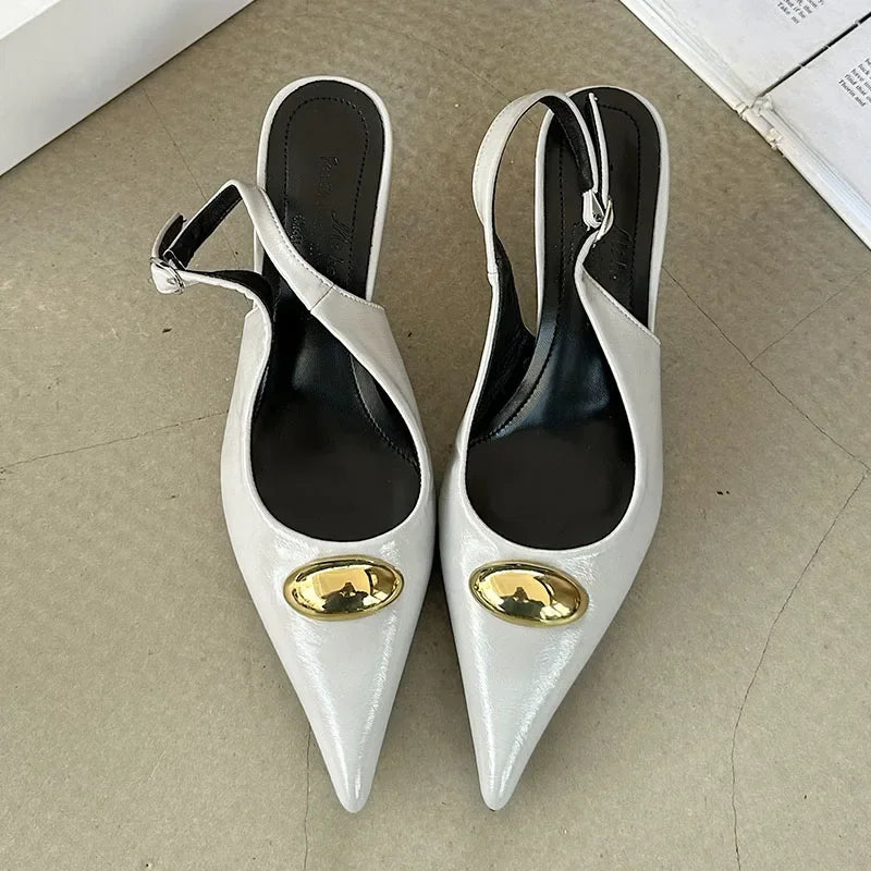 Metal Buckle Design Brand High Heels Women Sexy Pointed Slingbacks Sandals Female Fashion Banquet Dress Shoes Zapatos De Mujer