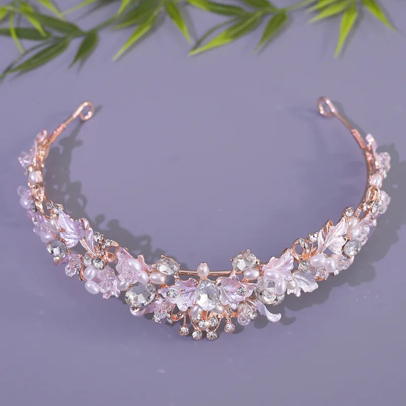 Rose Gold Color Baroque Crystal Pearls Bridal Tiaras Cubic Zircon Crown Rhinestone Pageant Diadem Headpiece Wedding Hair Jewelry - EUFASHIONBAGS