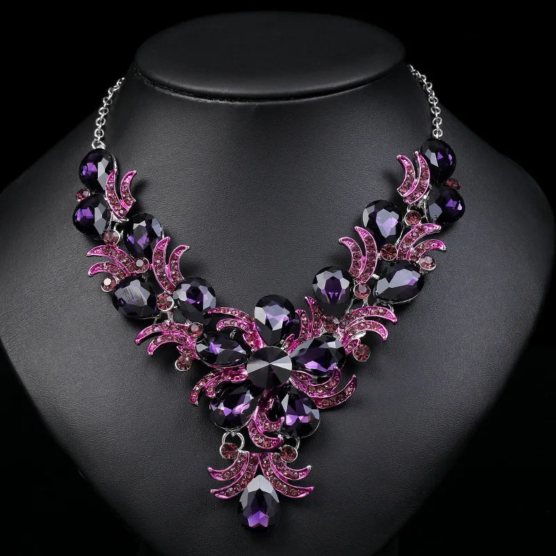 Luxury Purple Crystal Flower Jewelry Sets For Women Wedding Party Accessories Rhinestone Stud Earrings & Necklace Gift - EUFASHIONBAGS