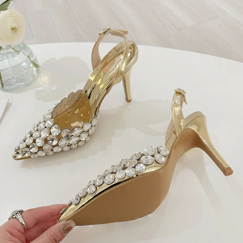 Pointed Toe Slingback Stiletto Sandals Crystal Diamonds Women Pumps High Heels Wedding Prom Shoes Zapatos Mujer