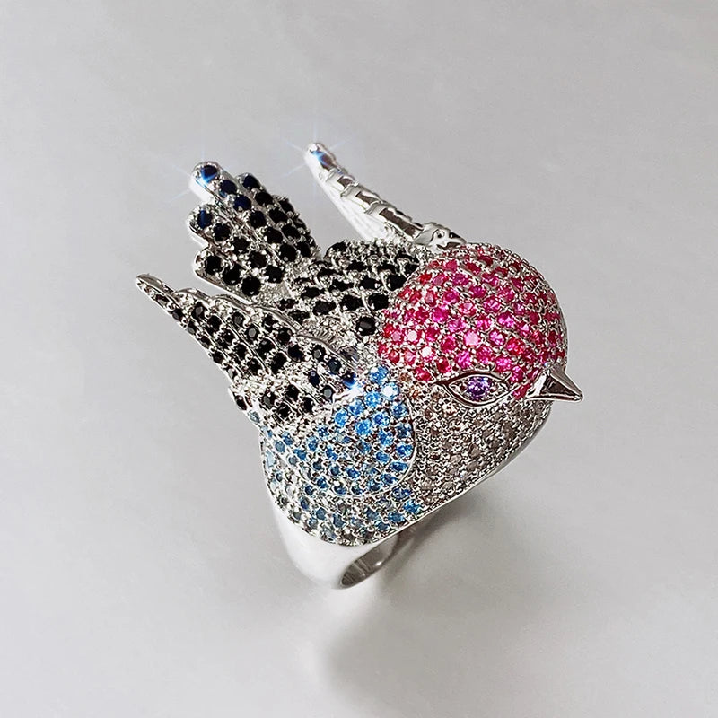 Rainbow Bird Rings for Women Hyperbole Female Finger Accessories Party Special-interested Girl Gift BlingTrendy Jewelry - EUFASHIONBAGS