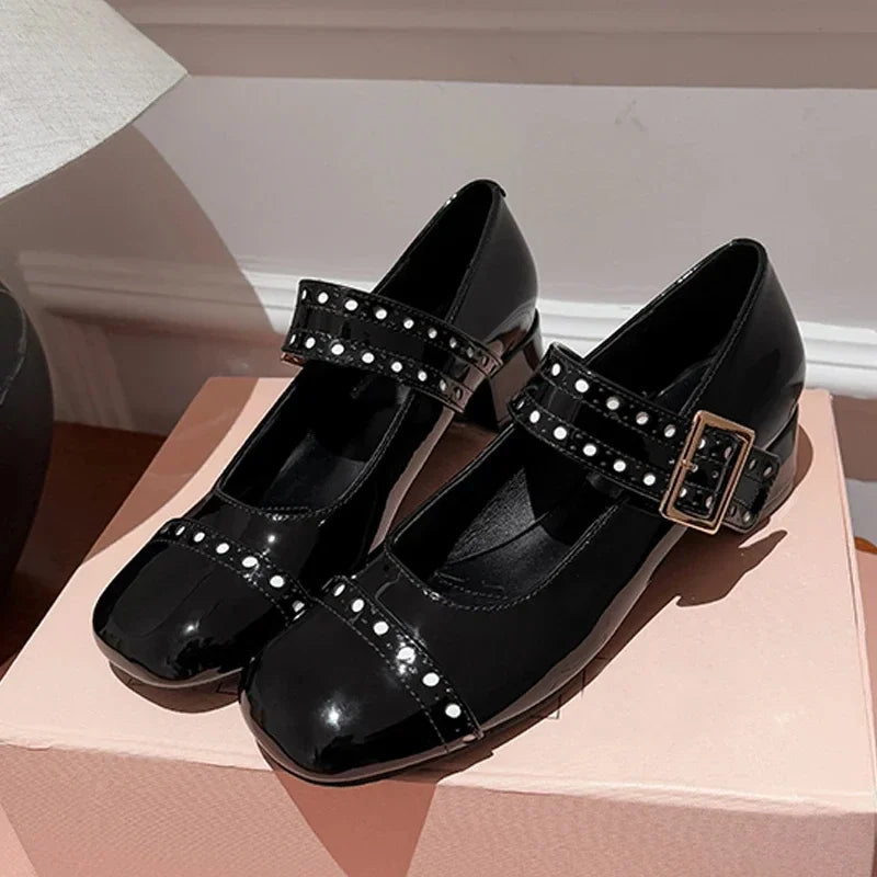 Patent Leather Chunky Mary Jane Shoes Women Square Toe Fashion High Heels Dress Shoes Belt Buckle Brand Designer Women Pumps