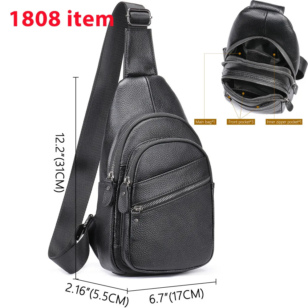 Men's Chest Bag 100% Cowhide Genuine Leather Sling Bag Casual Traveling Chest Pack Black Men's Messenger Shoulder Bags - EUFASHIONBAGS