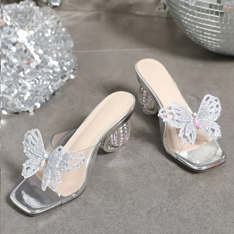 Summer Fretwork Heels Modern Slippers Women Rhinestone Butterfly Square Toe Summer Party Shoes Transparent Sandals - EUFASHIONBAGS