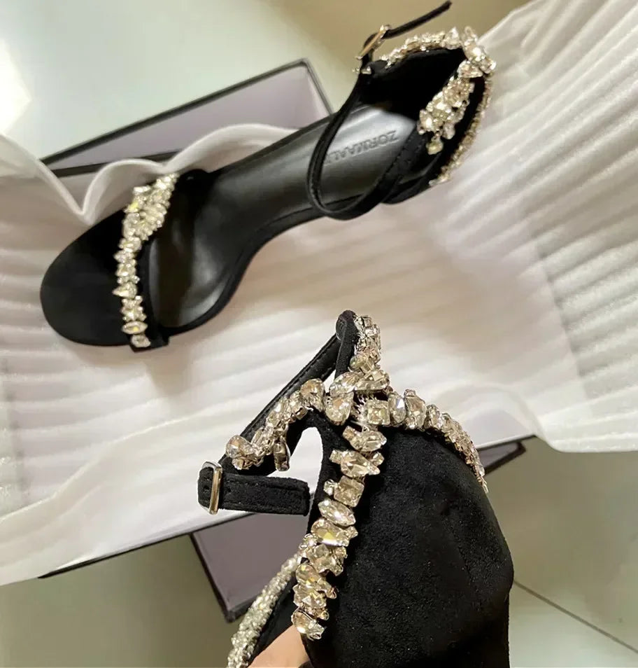 Luxury Diamond Thin High Heels Women Ankle Strap Hollow Open Toe Elegant Sandals Women Sexy Party Dress Shoes Zapatos De Mujer