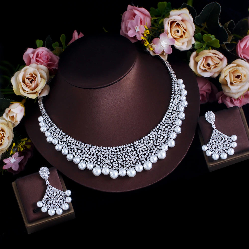 Luxury Top Cubic Zirconia Pave Chunky Big Wide Wedding Bridal Pearl Necklace Festive Jewelry Sets for Women - EUFASHIONBAGS