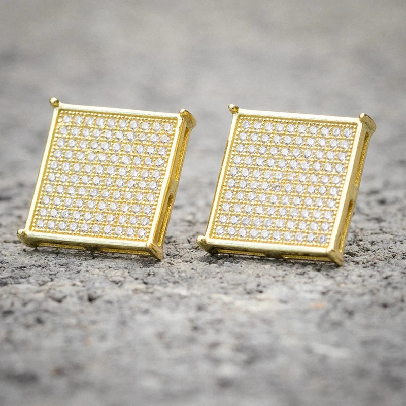 Square Shaped Stud Earrings Gold Color Luxury Accessories for Men/Women Full Bling Bling CZ Daily Wear Statement Jewelry - EUFASHIONBAGS