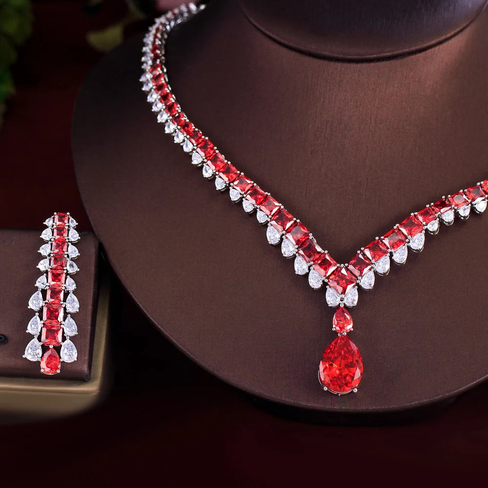 Luxury Shiny Red Cubic Zirconia Big Water Droplets Wedding Banquet Necklace Pageant Bridal Jewelry Set for Women - EUFASHIONBAGS