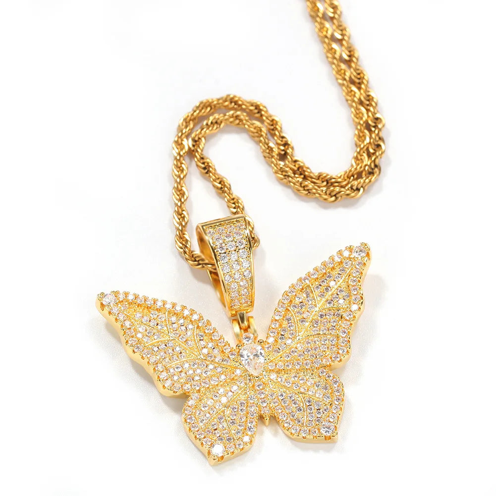 Bling Butterfly Pendant Necklace Full Paved CZ Sparkling Charm Hyperbole Party Y2K Girls Neck Accessories Fashion Jewelry - EUFASHIONBAGS