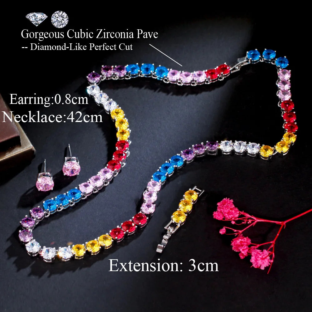 Iced Out Cubic Zircon Shiny Round Colorful CZ Stone Tennis Chain Necklace and Earrings Women Party Jewelry Sets T645 - EUFASHIONBAGS