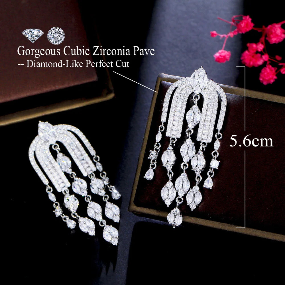 Bling CZ Big Long Dangly Drop Chandelier Bridal Earrings for Women Luxury Wedding Jewelry Accessories