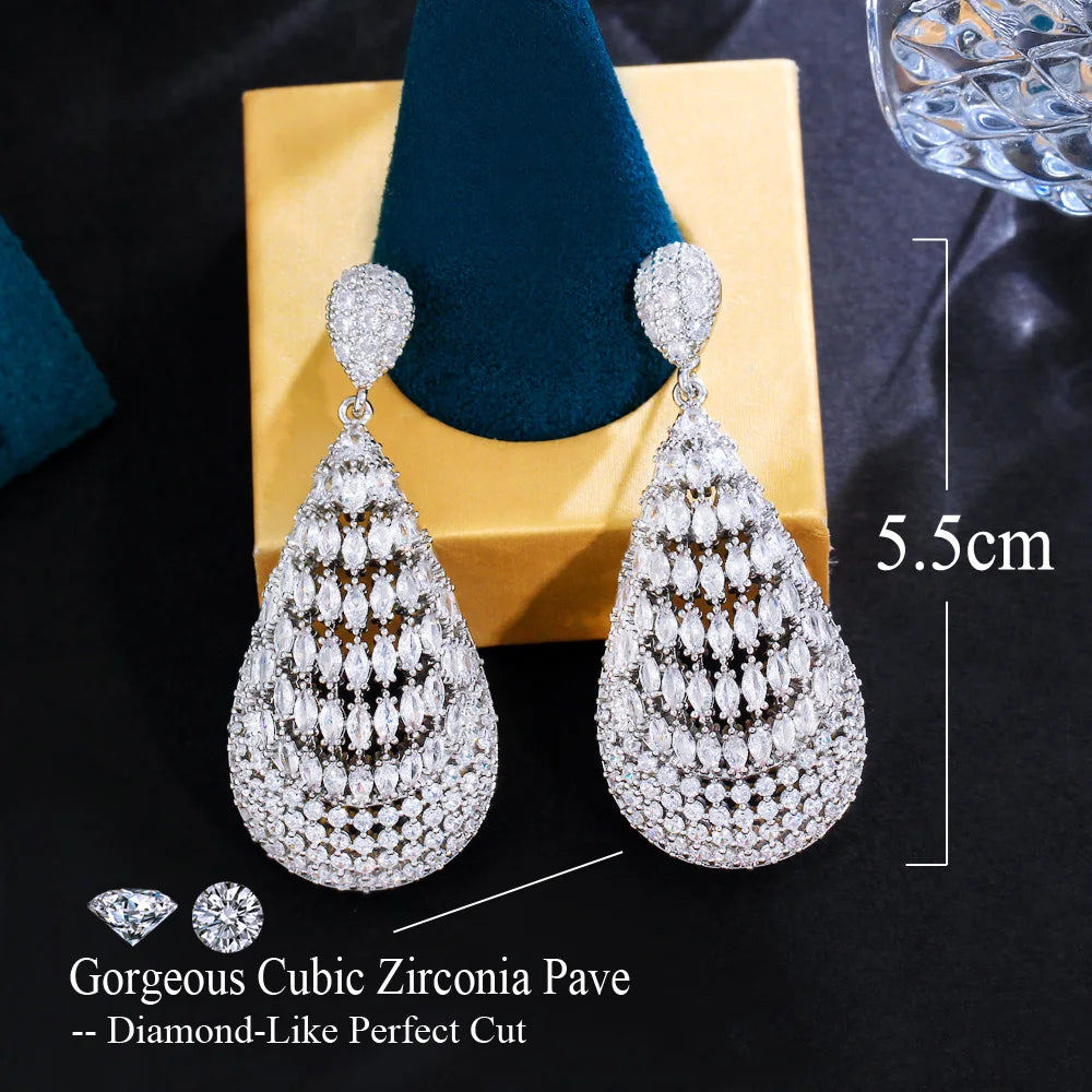 Heavy Stone Work Bling Marquise Cut White Cubic Zircon Dangly Drop Long Wedding Bridal Earrings for Women Jewel - EUFASHIONBAGS