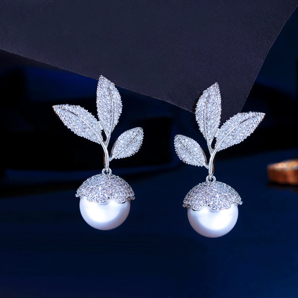 Symmetrical Big Leaf Shape Micro Pave White Cubic Zirconia Dangling Drop Pearl Wedding Party Earrings for Women - EUFASHIONBAGS