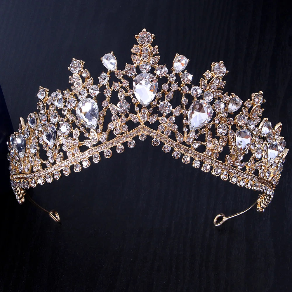 Baroque Korean Gold Color Crystal Crown Hair Accessories Luxury Rhinestone Tiara For Women Wedding Headdress Bridal Hair Jewelry