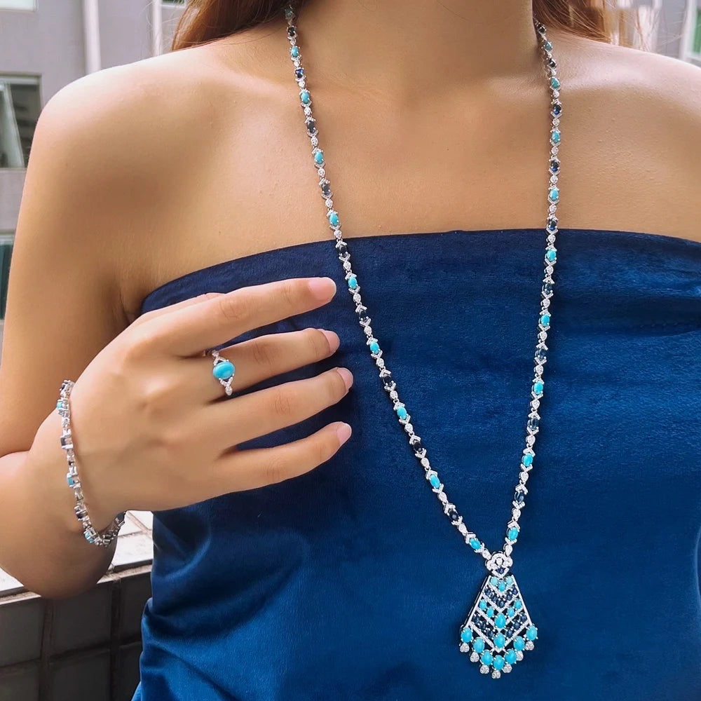 4pcs Elegant Blue Cubic Zirconia Dangling Drop Tassel Long Necklace Women Wedding Party Dubai Bridal Jewelry Set - EUFASHIONBAGS