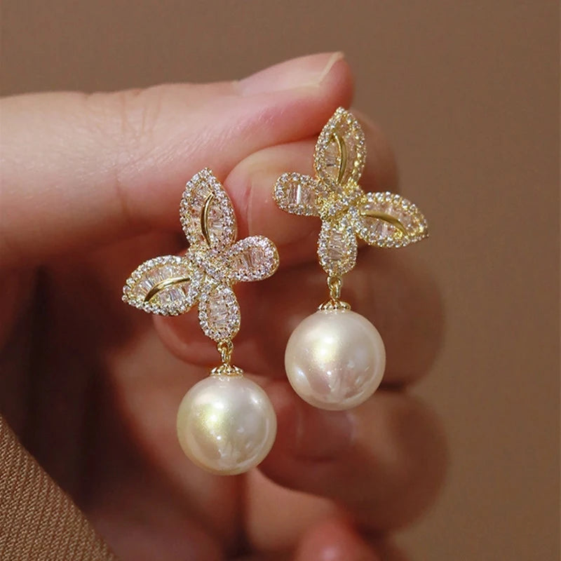 Aesthetic Butterfly Drop Earrings for Women Graceful Simulated Pearl Accessories for Wedding Bright Zirconia Jewelry Gift - EUFASHIONBAGS