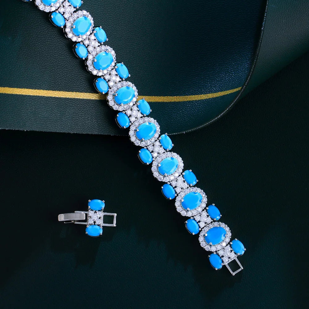 Luxury Chunky Cubic Zirconia and Blue Turquoise Pave Women Daily Party Engagement Wedding Bracelet Jewelry Gift - EUFASHIONBAGS