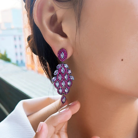 Glamorous Fuchsia Red Chunky Cubic Zirconia Paved Leaf Shape Dangle Drop Luxury Wedding Bridal Party Earrings - EUFASHIONBAGS