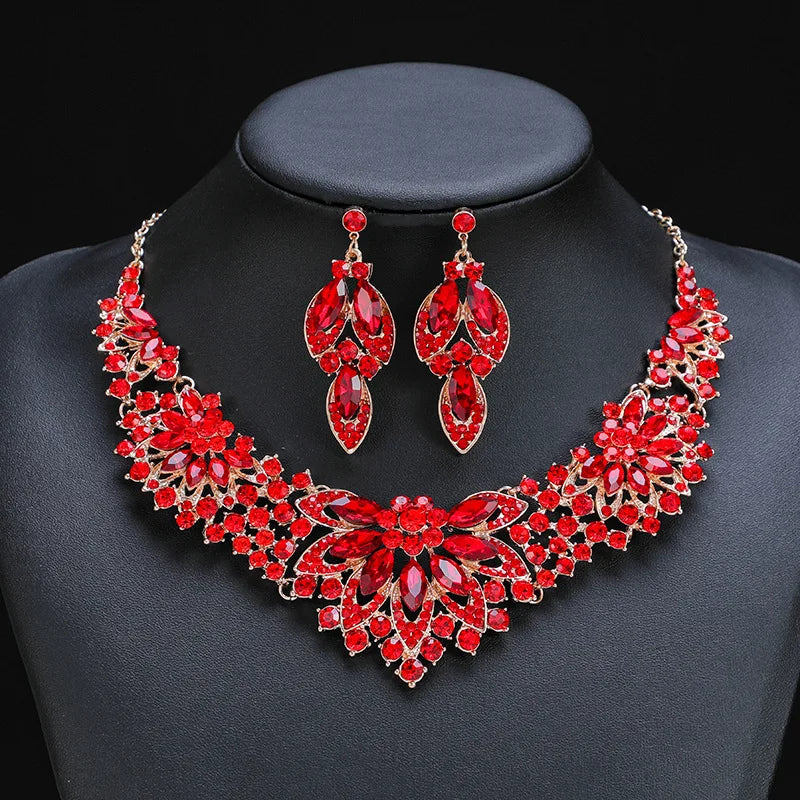 Luxury Exquisite Leaves Colorful Crystal Jewelry Sets For Women Wedding Party Jewelry Accessories Stud Earrings & Necklace Set - EUFASHIONBAGS