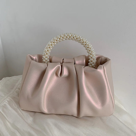 Fashion Handlebags for Women New Pleated Cloud Crossbody Bag Portable Pearl Handle Girl's Shoulder Bags for Party