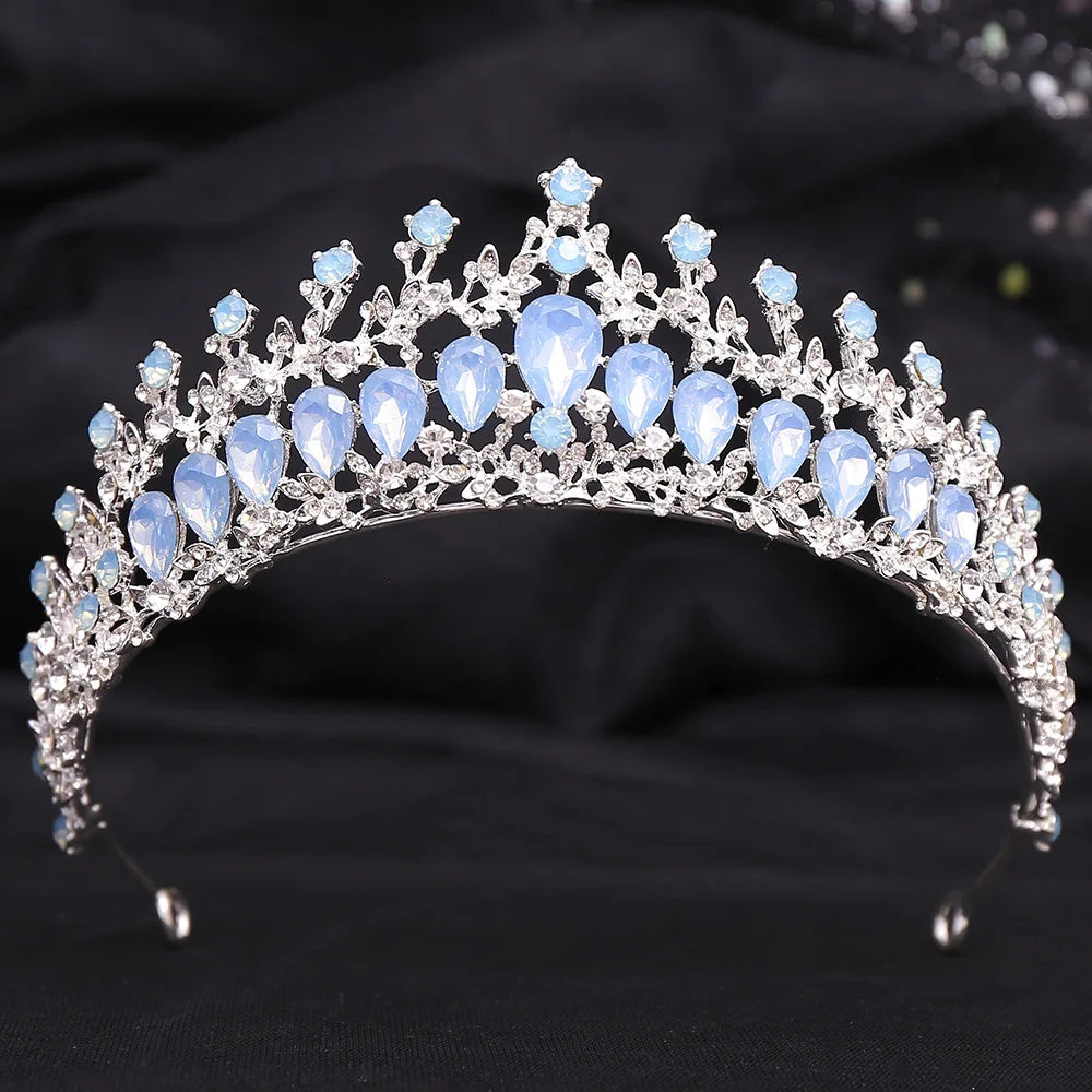 Silver Color Blue Opal Wedding Crown Princess Headdress Crystal Bridal Tiaras Rhinestone Diadem Wedding Hair Jewelry Accessories - EUFASHIONBAGS