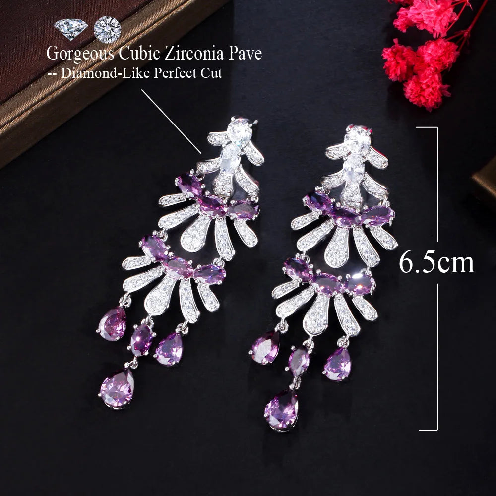 Royal Purple Cubic Zircon Stone Long Dangle Drop Women Engagement Wedding Party Chandelier Earrings for Brides