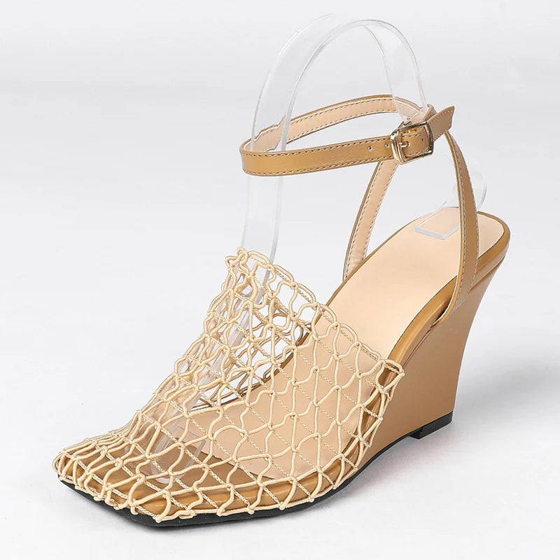 Street Style Hollow Out Fishing Net Women Wedge Sandals Sexy Square Toe Buckle Strap High Heels Shoes Size 35-43