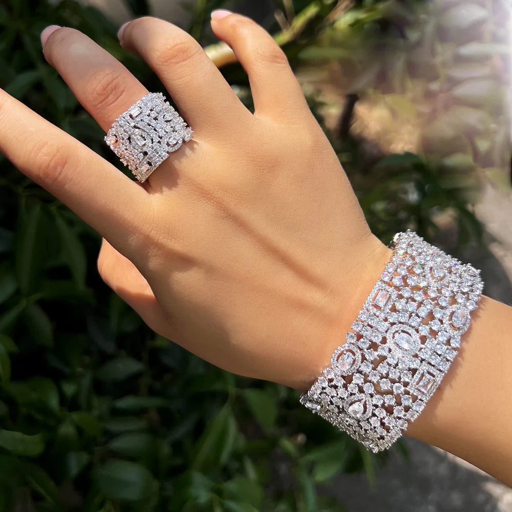 Luxury Chunky Cubic Zirconia Inlay Wide Big Open Cuff Bangle and Ring Dubai Wedding Bridal Party Jewelry Sets - EUFASHIONBAGS