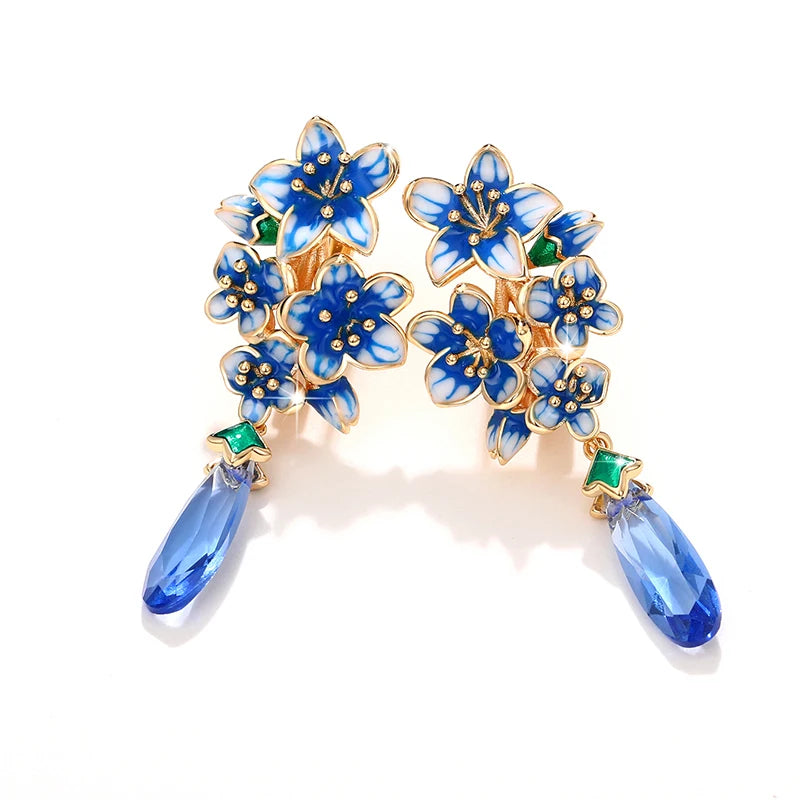 Aesthetic Blue Flower Enamel Earrings for Women Luxury Trendy Gold Color Wedding Party Romantic Lady Earrings New Jewelry - EUFASHIONBAGS