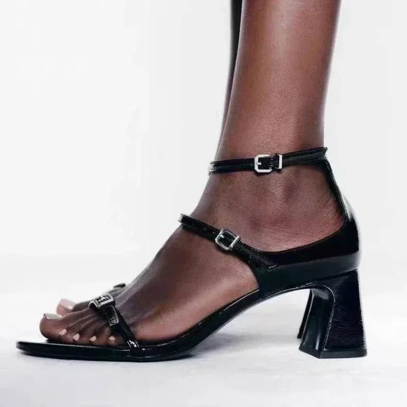 Narrow Band Heeled Sandals Women Classics Brand Chunky Dress Shoes Femme Belt Buckle Elegant Office High Heels Zapatos De Mujer