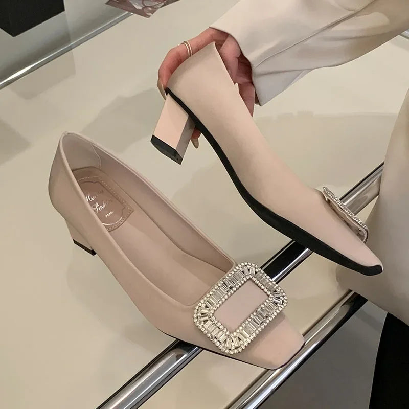 Fashion Chunky Mary Jane Shoes Women Rhinestone Square Button Shallow Elegant High Heel Dress Shoes Comfy Square Toe Pumps Women