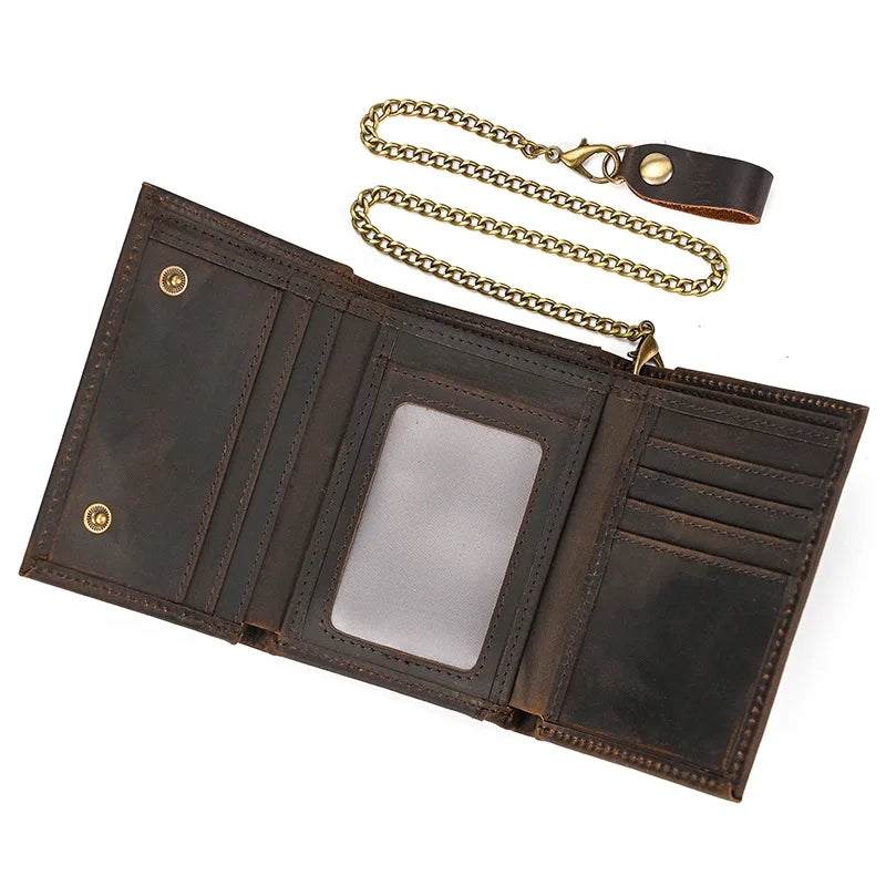 Cowhide Men's Wallet High Quality Vintage Genuine Leather Men Anti Theft Wallets With Chain Trifold Purse Card Holder