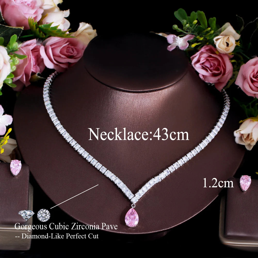 Shiny Pink Cubic Zirconia Water Drop Wedding Engagement Party Necklace Bridal Jewelry Sets Accessories - EUFASHIONBAGS