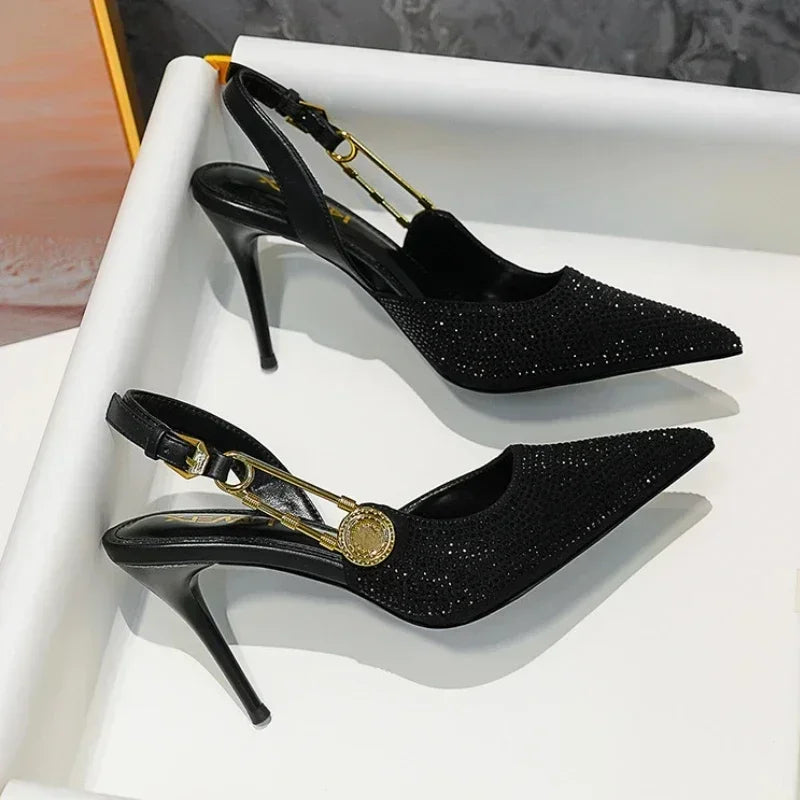 Luxury Rhinestone Sexy Pointed Toe High Heels Women Metal Buckle Shallow Elegant Banquet Party Shoes Mules Pumps Sandals Female