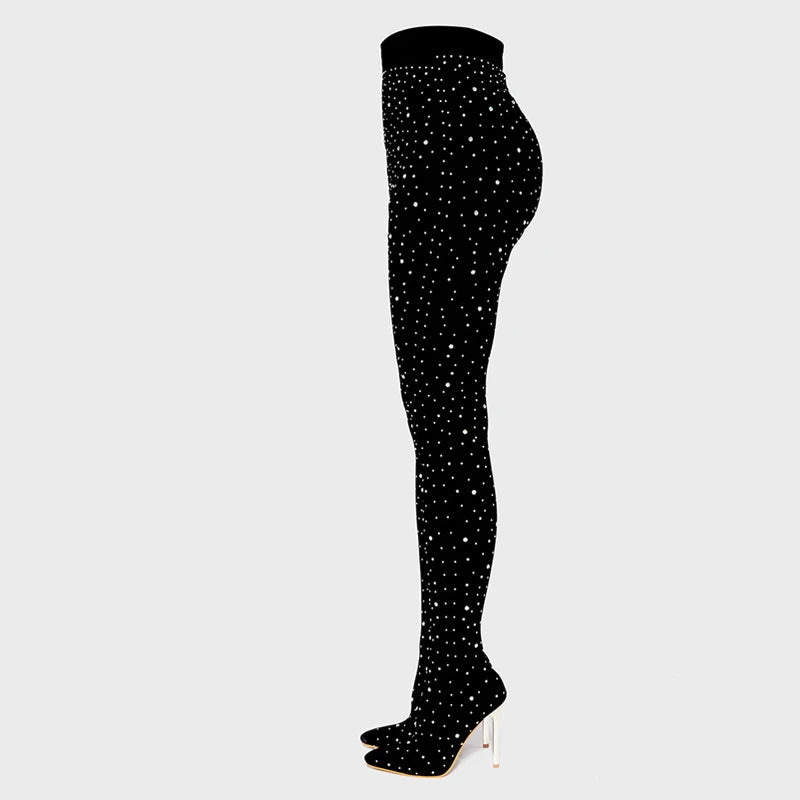 Fashion Rhinestone Stretch Fabric Pants Jumpsuit Boots Women Sexy Pointed Toe Over The Knee Heels Stripper Pole Dance Shoe