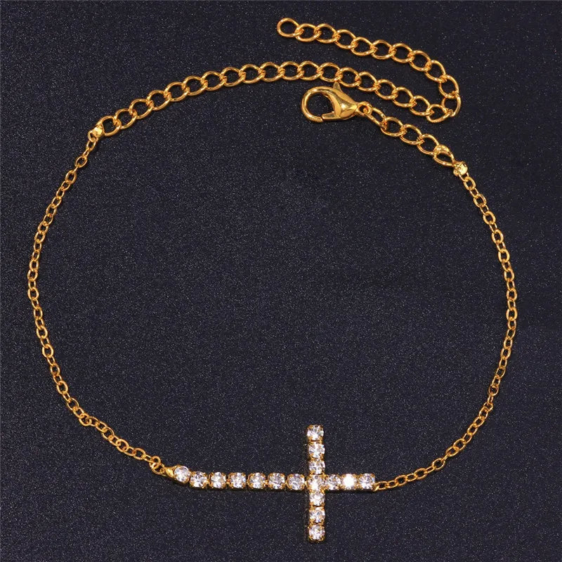 Fancy Cross/Heart/Moon Anklet Bracelet for Women Full Dazzling CZ Stone Fashion Girls Beach Accessories Barefoot Jewelry