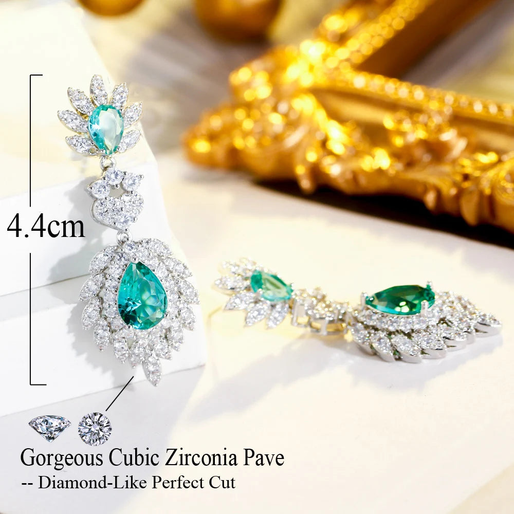 Green Cubic Zirconia Pave Long Dangling Feather Drop Earring for Women Wedding Dinner Party Accessories - EUFASHIONBAGS