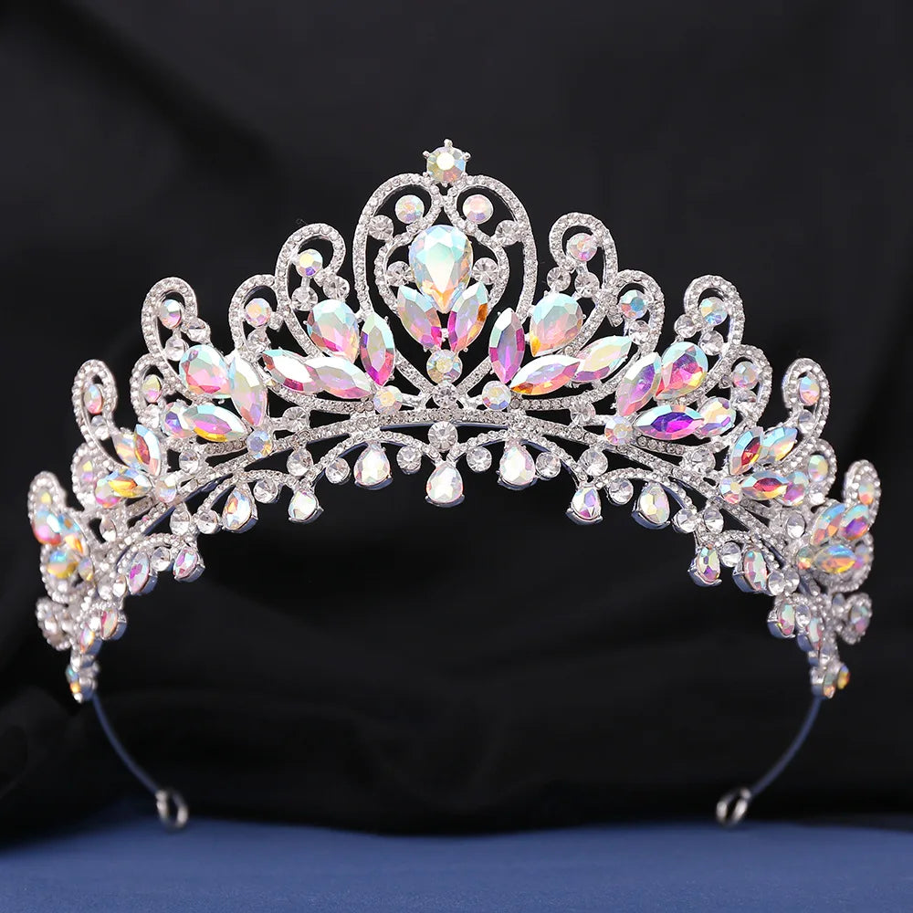 Luxury AB Color Crystal Pearls Royal Queen Wedding Crown Water Drop Bridal Diadem Pageant Headdress Bride Tiara Hair Accessories - EUFASHIONBAGS